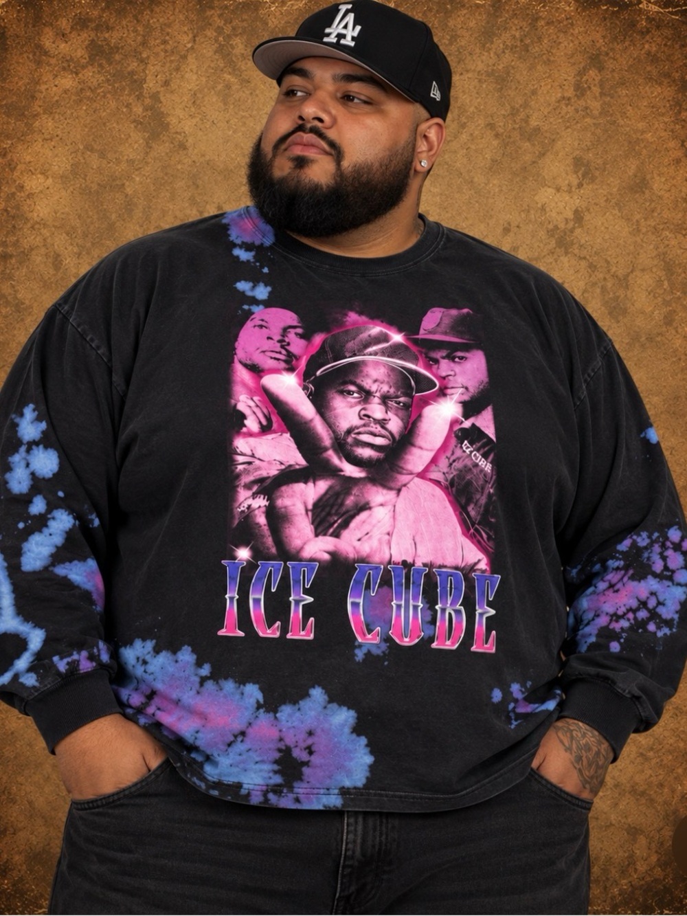 Ice Cube Graphic Tie-Dye Black Crewneck Sweater